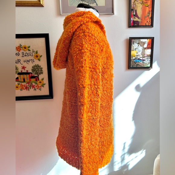 Vintage 70s Orange Bouclé Knit Hoodie Sweater M Medieval Revival Cottagecore - Picture 5 of 8